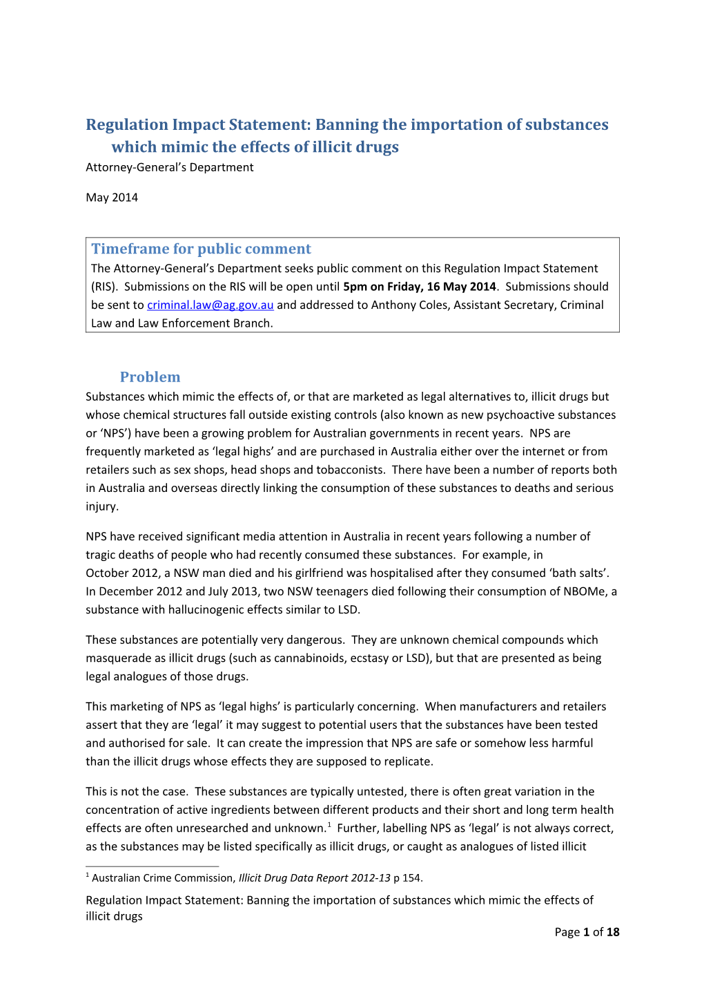 Regulation Impact Statement: Banning the Importation of Substances Which Mimic the Effects