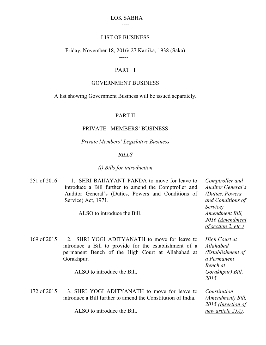 LOK SABHA ---LIST of BUSINESS Friday, November 18, 2016/ 27