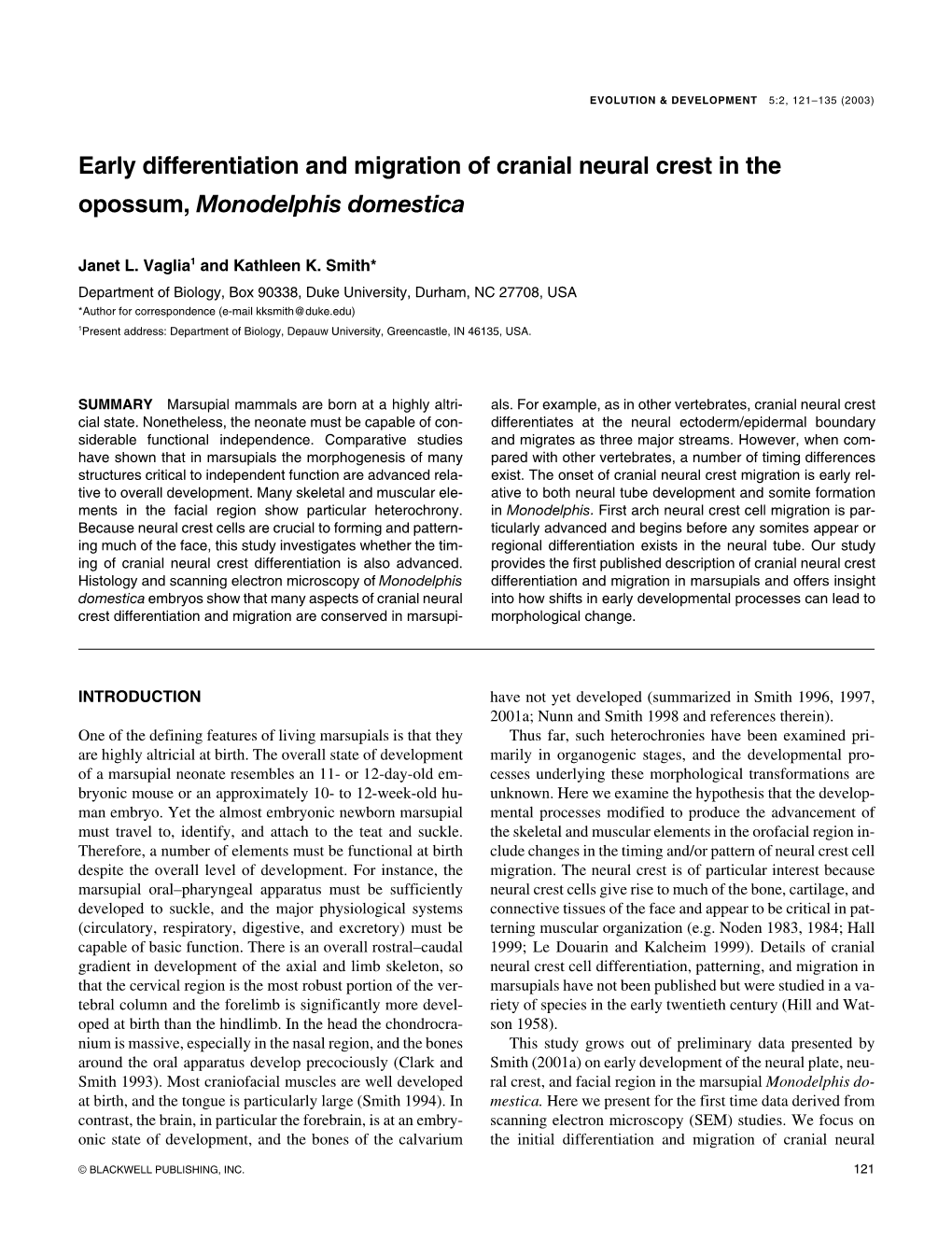 Early Differentiation and Migration of Cranial Neural Crest in the Opossum, Monodelphis Domestica