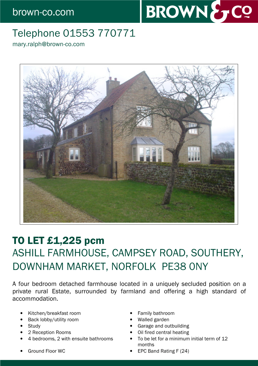 TO LET £1,225 Pcm ASHILL FARMHOUSE, CAMPSEY ROAD, SOUTHERY, DOWNHAM MARKET, NORFOLK PE38 0NY