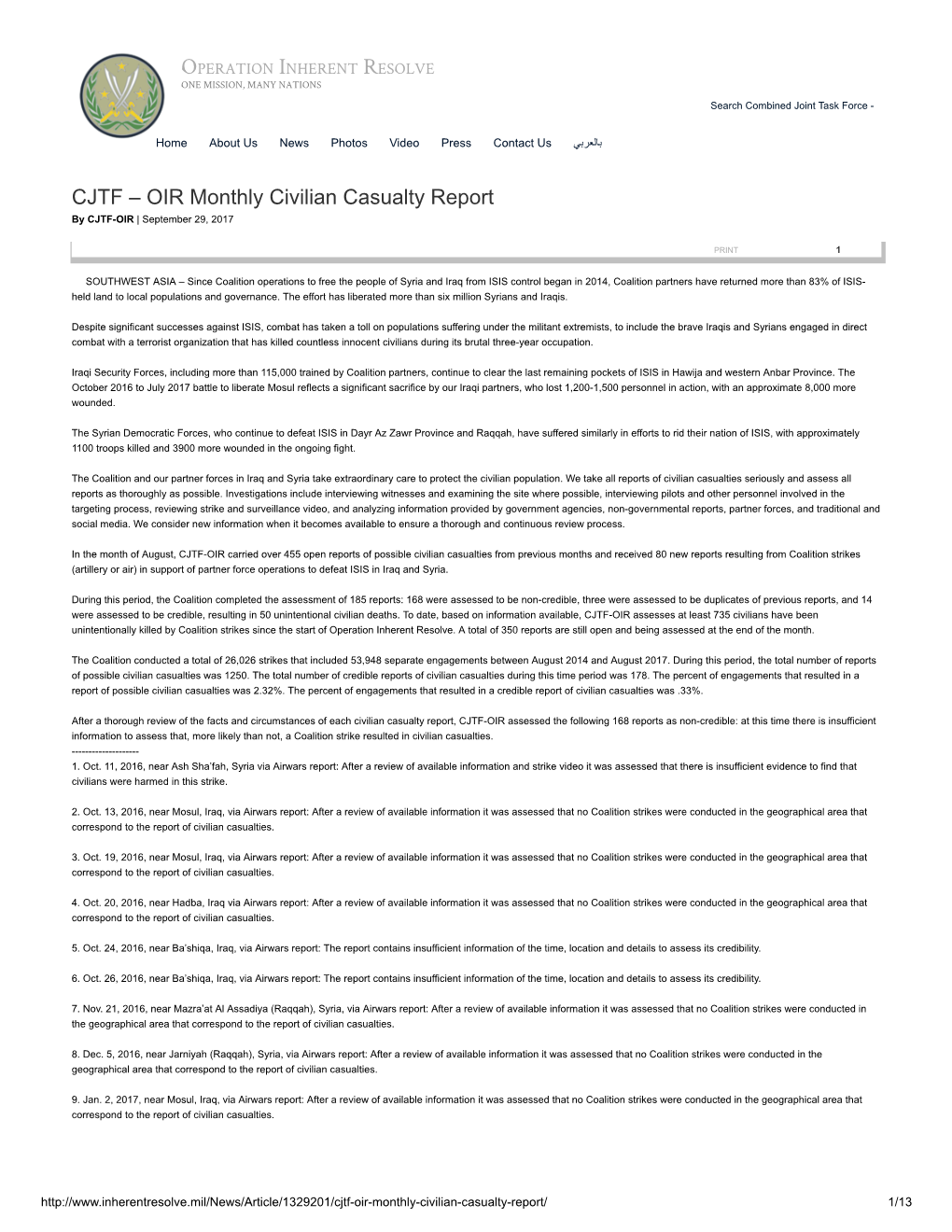 CJTF – OIR Monthly Civilian Casualty Report by CJTF-OIR | September 29, 2017
