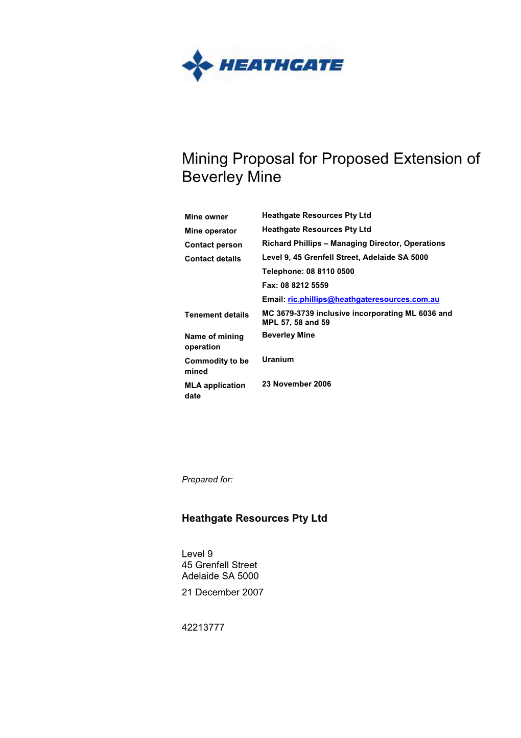 Mining Proposal for Proposed Extension of Beverley Mine