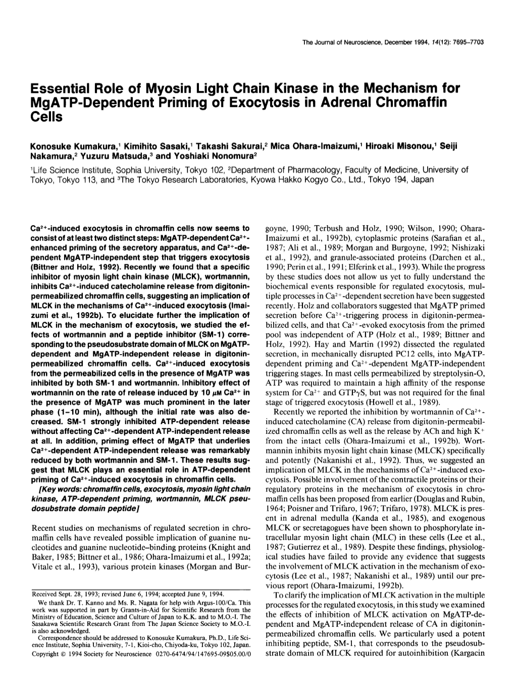 Essential Role of Myosin Light Chain Kinase in the Mechanism for Mgatp-Dependent Priming of Exocytosis in Adrenal Chromaffin Cells