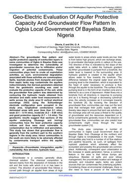 Geo-Electric Evaluation of Aquifer Protective Capacity and Groundwater Flow Pattern in Ogbia Local Government of Bayelsa State, Nigeria