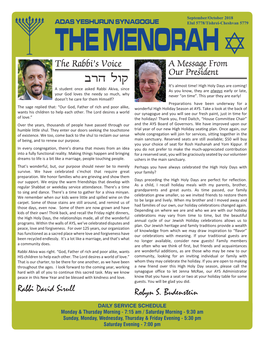 THE MENORAH the Rabbi’S Voice a Message from Our President