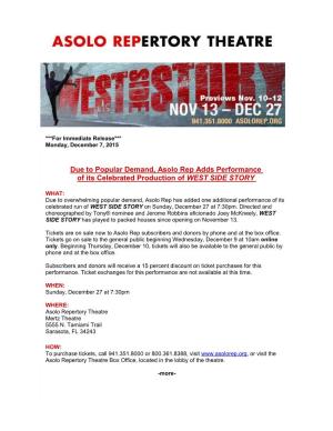 Due to Popular Demand, Asolo Rep Adds Performance of Its Celebrated Production of WEST SIDE STORY