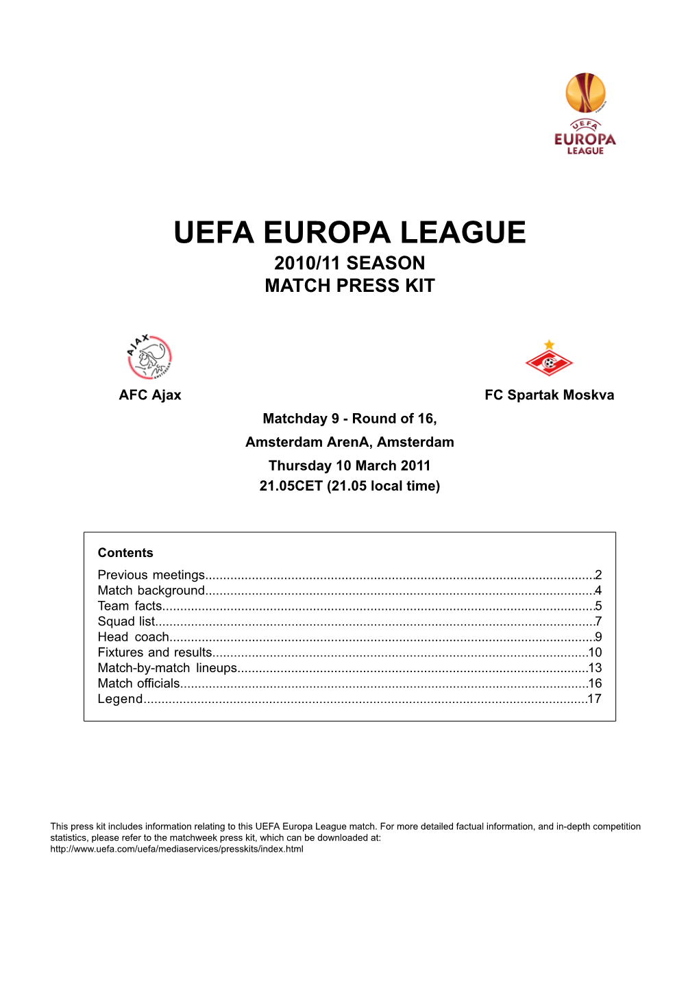 Uefa Europa League 2010/11 Season Match Press Kit