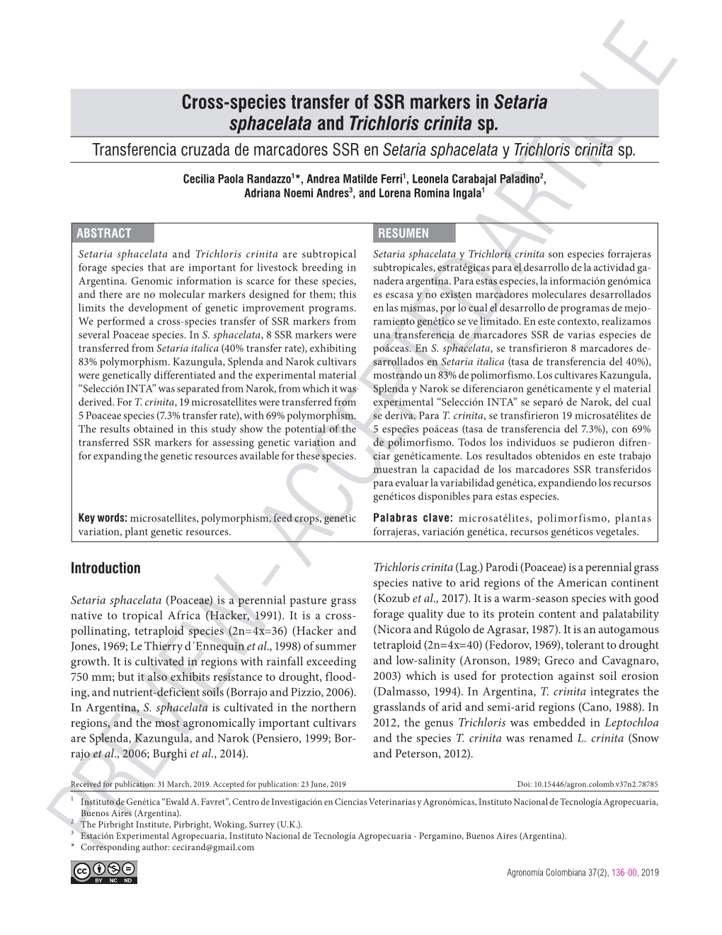 Cross-Species Transfer of SSR Markers in Setaria Sphacelata and Trichloris Crinita Sp