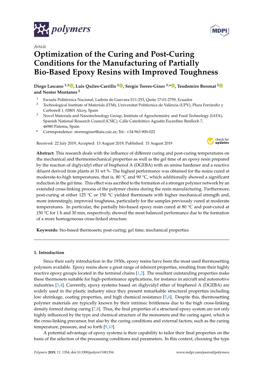 Optimization of the Curing and Post-Curing Conditions for the Manufacturing of Partially Bio-Based Epoxy Resins with Improved Toughness