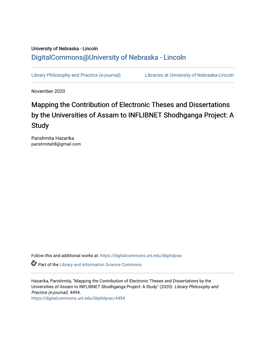 Mapping the Contribution of Electronic Theses and Dissertations by the Universities of Assam to INFLIBNET Shodhganga Project: a Study