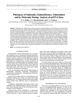 Phylogeny of Salmonids (Salmoniformes: Salmonidae) and Its Molecular Dating: Analysis of Mtdna Data S