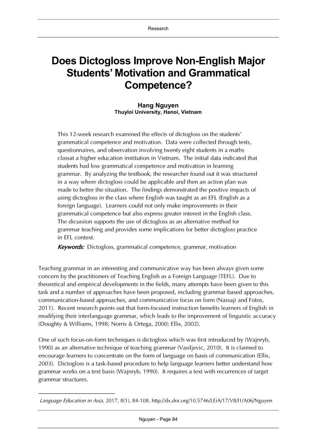 Does Dictogloss Improve Non-English Major Students’ Motivation and Grammatical Competence?