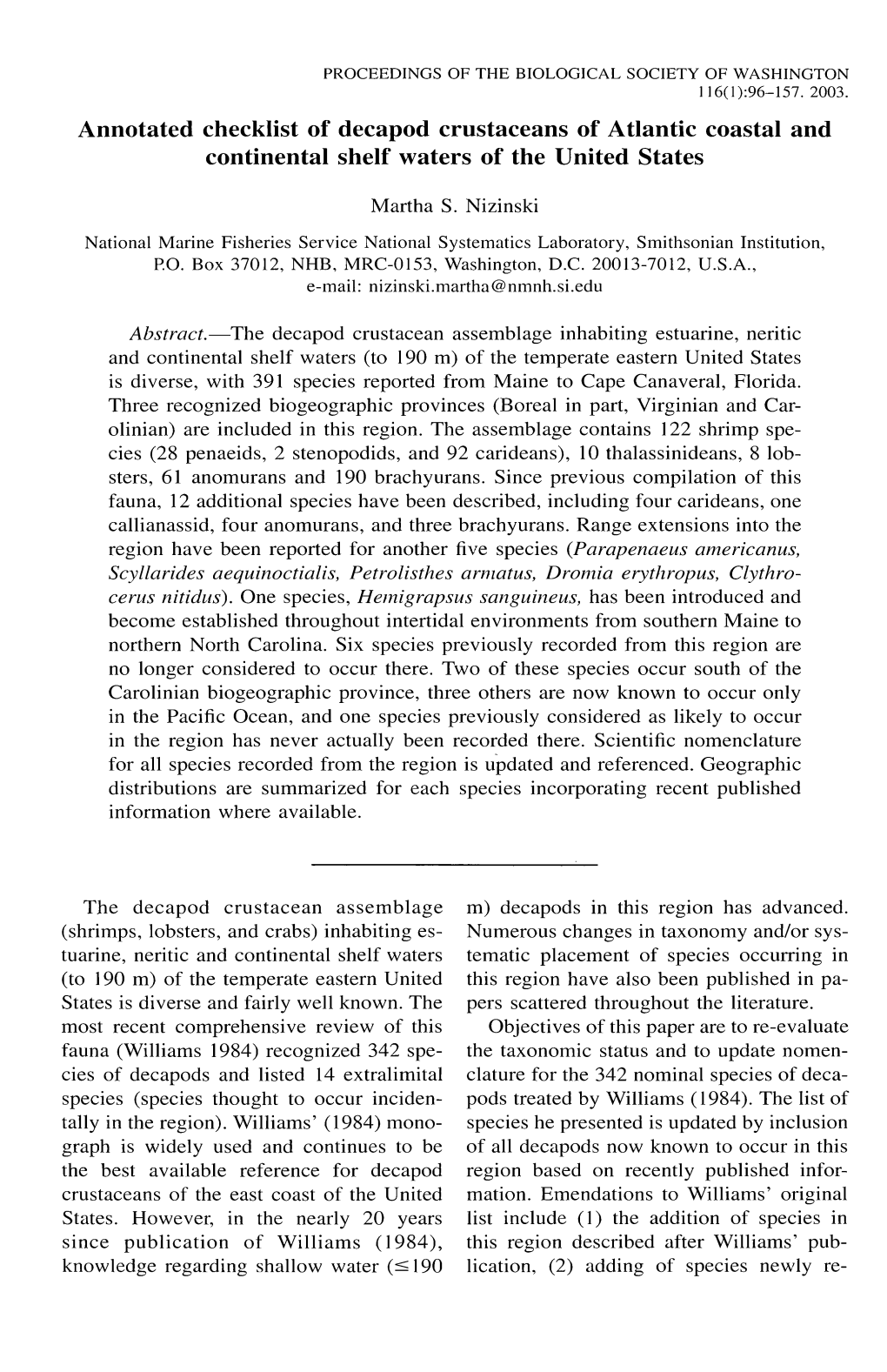 Annotated Checklist of Decapod Crustaceans of Atlantic Coastal and Continental Shelf Waters of the United States