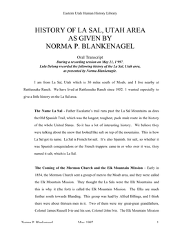 History of La Sal, Utah Area As Given by Norma P