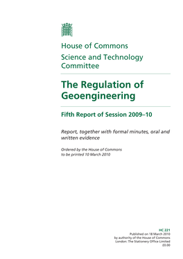 House of Commons, Science and Technology Committee, the Regulation of Geoengineering