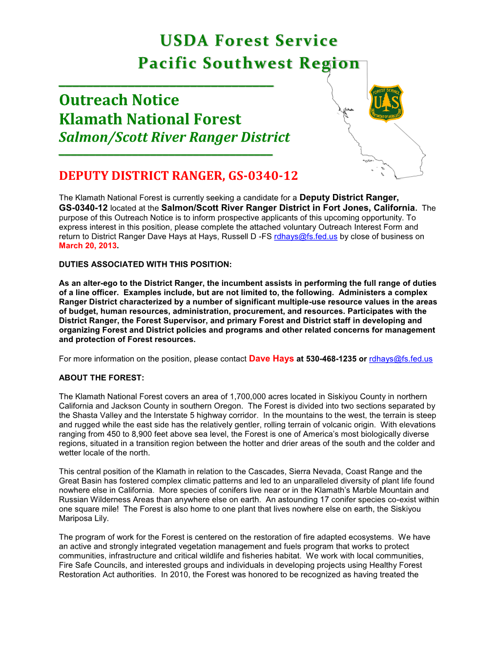 Outreach Notice Klamath National Forest Salmon/Scott River Ranger District ______