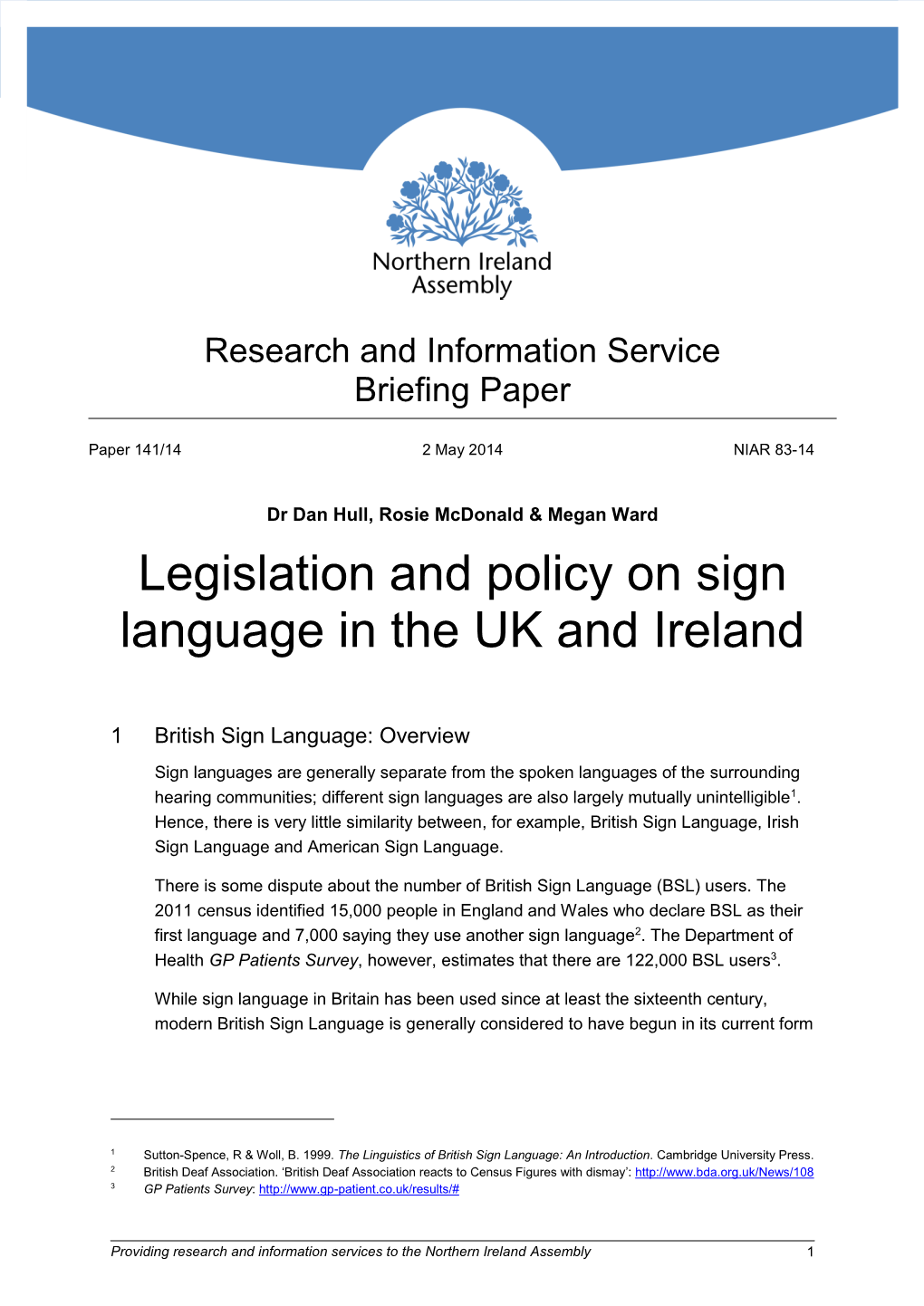 Legislation and Policy on Sign Language in the UK and Ireland