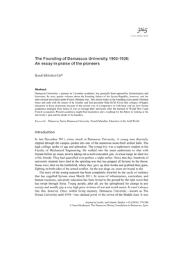The Founding of Damascus University 1903-1936: an Essay in Praise of the Pioneers