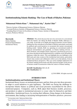 Institutionalizing Islamic Banking: the Case of Bank of Khyber, Pakistan