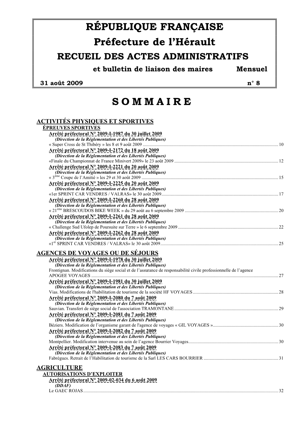 RÉPUBLIQUE FRANÇAISE Préfecture De L'hérault SOMMAIRE