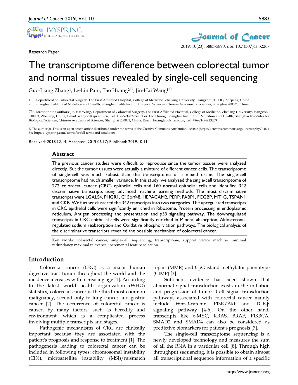 The Transcriptome Difference Between Colorectal Tumor and Normal Tissues Revealed by Single-Cell Sequencing