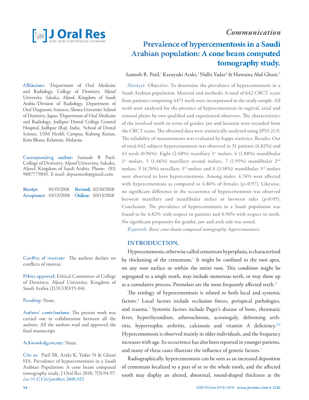 Communication Prevalence of Hypercementosis in a Saudi Arabian Population: a Cone Beam Computed Tomography Study