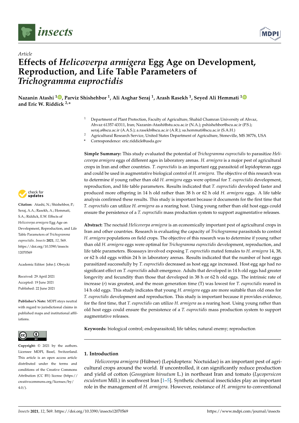 Effects of Helicoverpa Armigera Egg Age on Development, Reproduction, and Life Table Parameters of Trichogramma Euproctidis