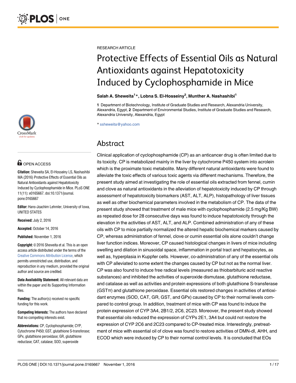 Protective Effects of Essential Oils As Natural Antioxidants Against Hepatotoxicity Induced by Cyclophosphamide in Mice