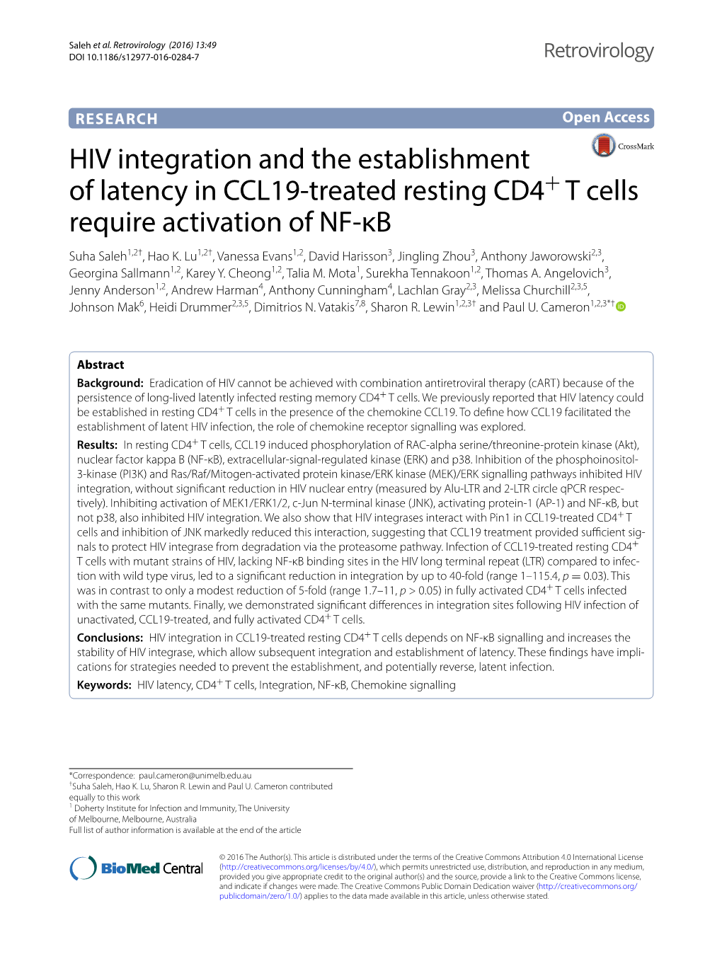 HIV Integration and the Establishment of Latency in CCL19-Treated Resting