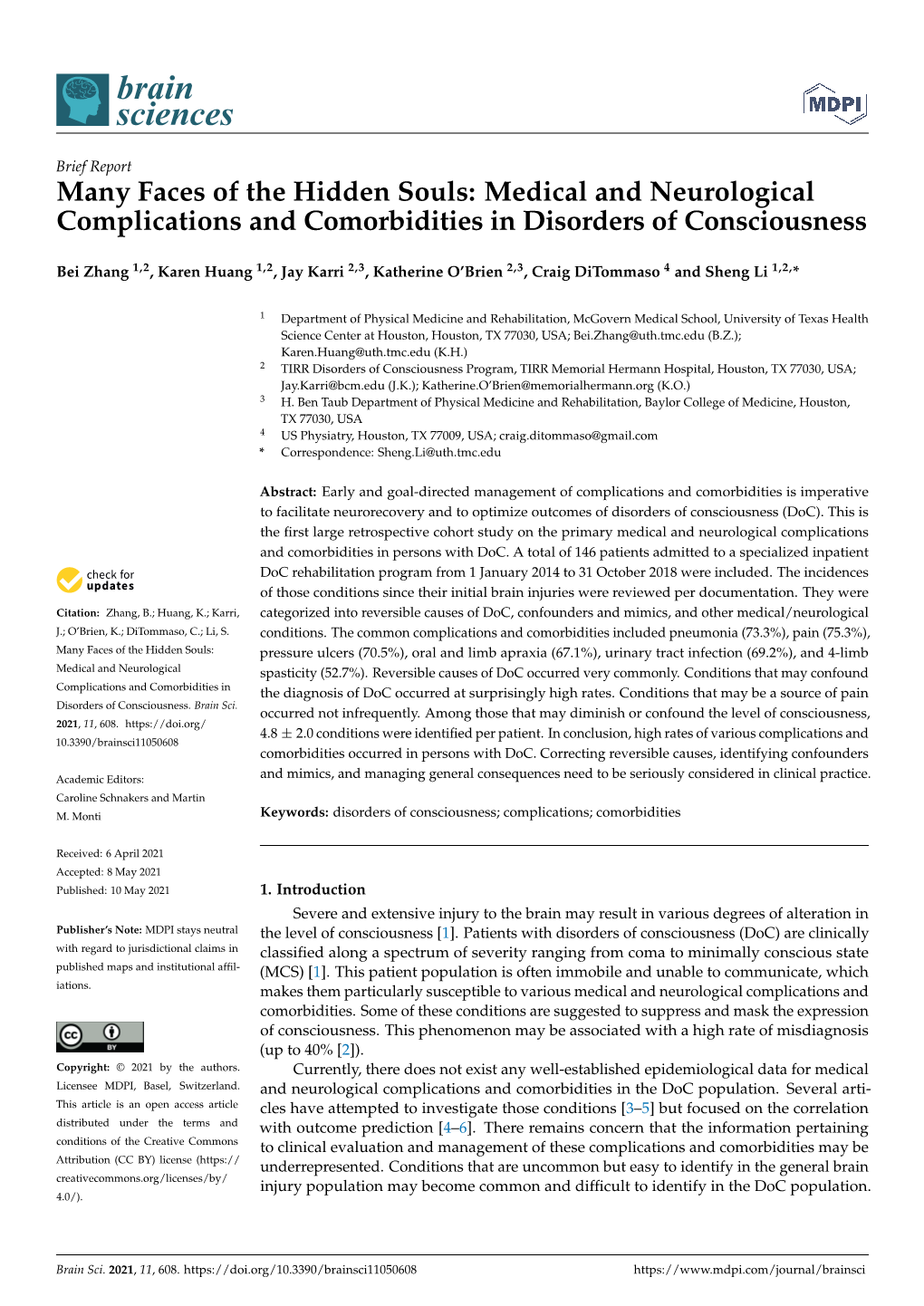 Medical and Neurological Complications and Comorbidities in Disorders of Consciousness