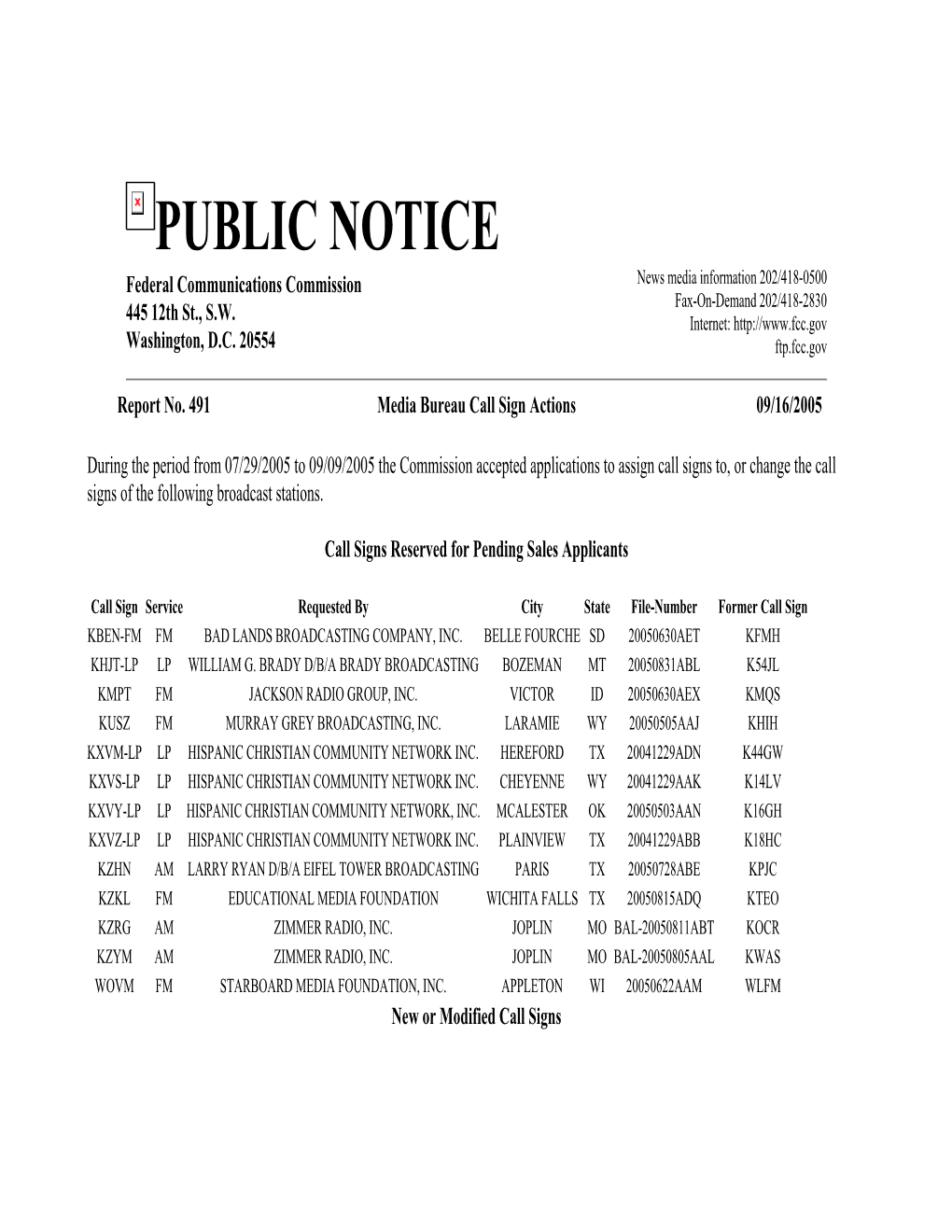 PUBLIC NOTICE Federal Communications Commission News Media Information 202/418-0500 Fax-On-Demand 202/418-2830 445 12Th St., S.W