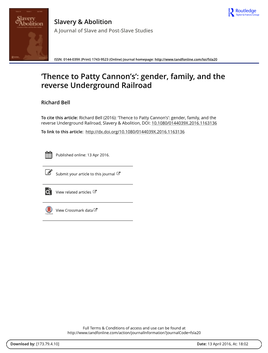 'Thence to Patty Cannon's': Gender, Family, and the Reverse