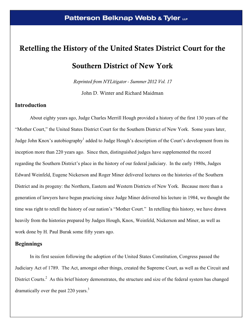 Retelling the History of the United States District Court for the Southern District of New York