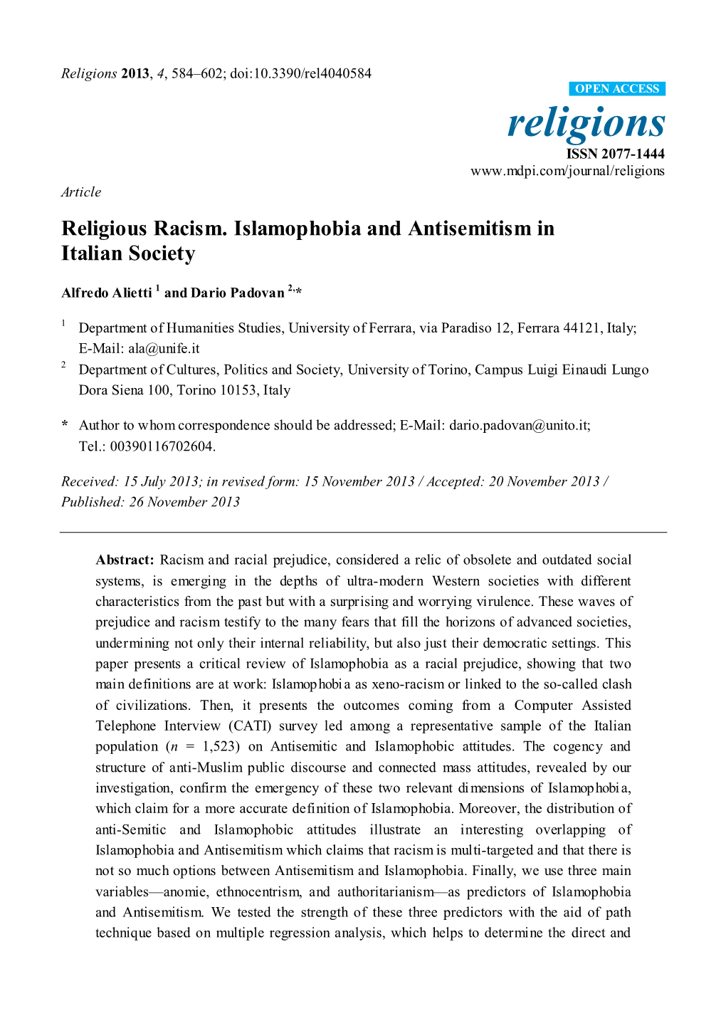 Religious Racism. Islamophobia and Antisemitism in Italian Society