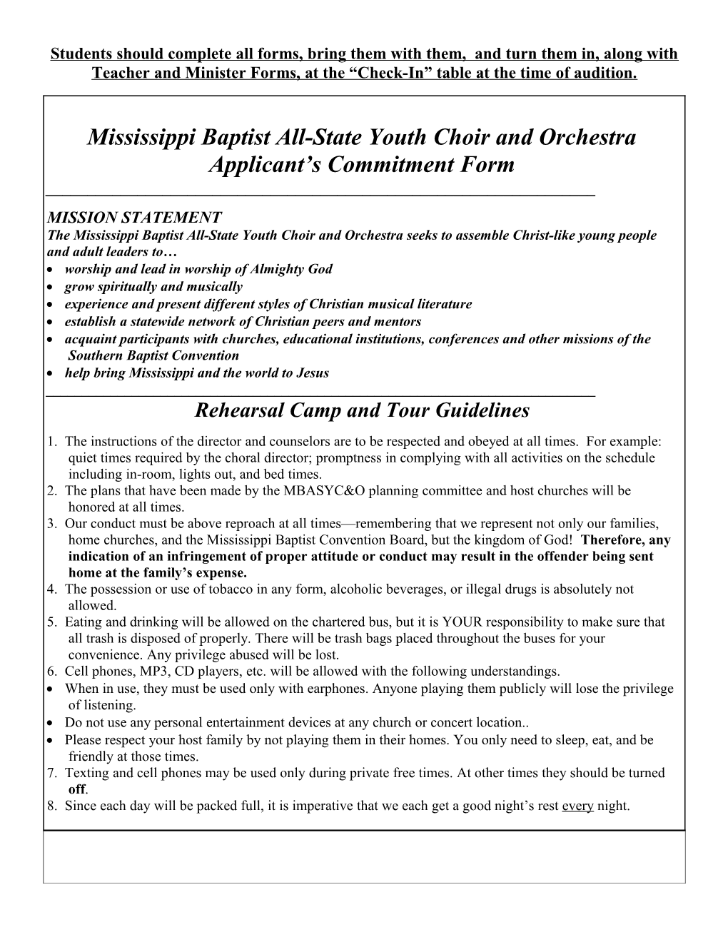 Mississippi Baptist All-State Youth Choir and Orchestra Applicant S Commitment Form