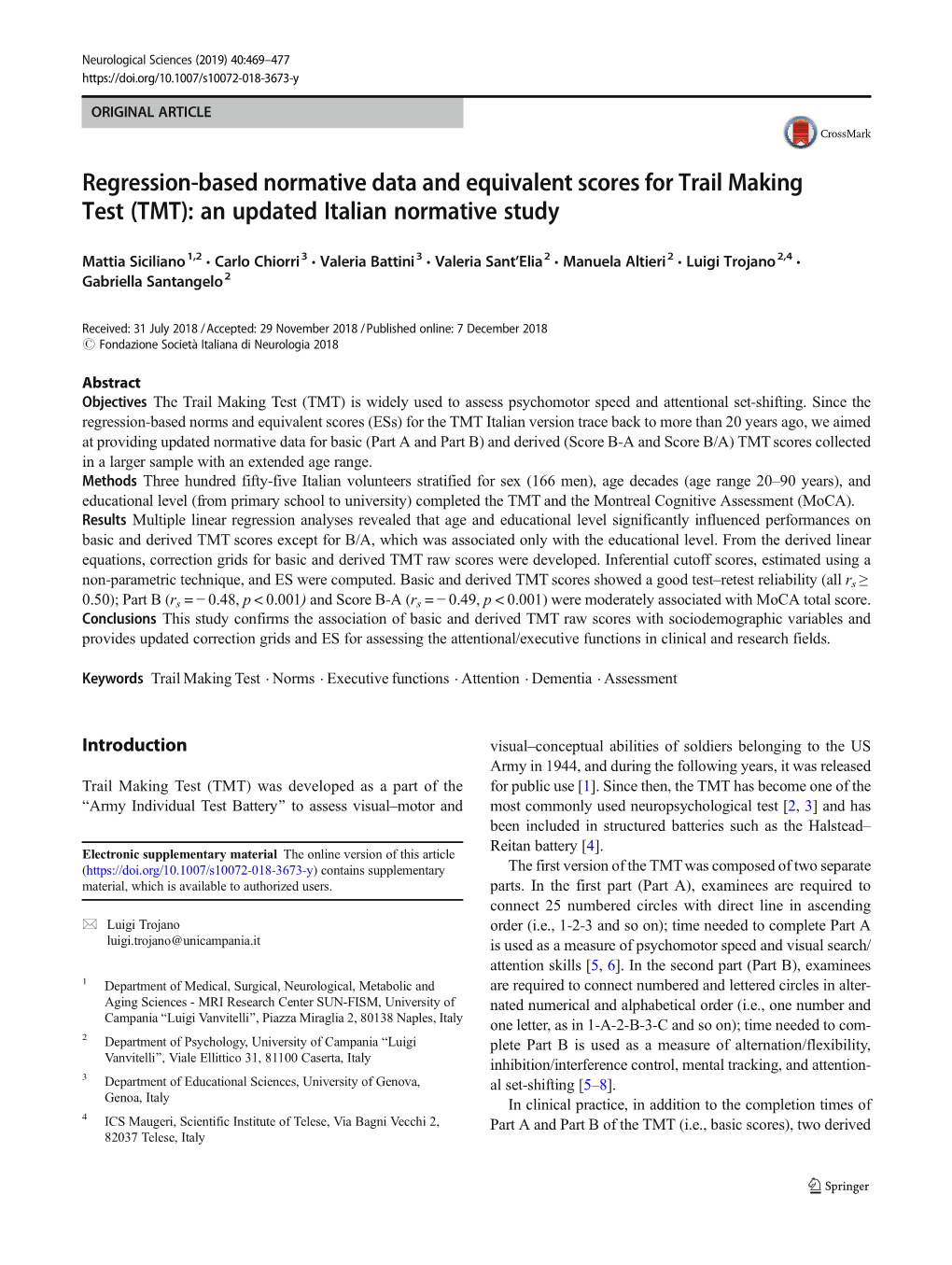 Regression-Based Normative Data and Equivalent Scores for Trail Making Test (TMT): an Updated Italian Normative Study