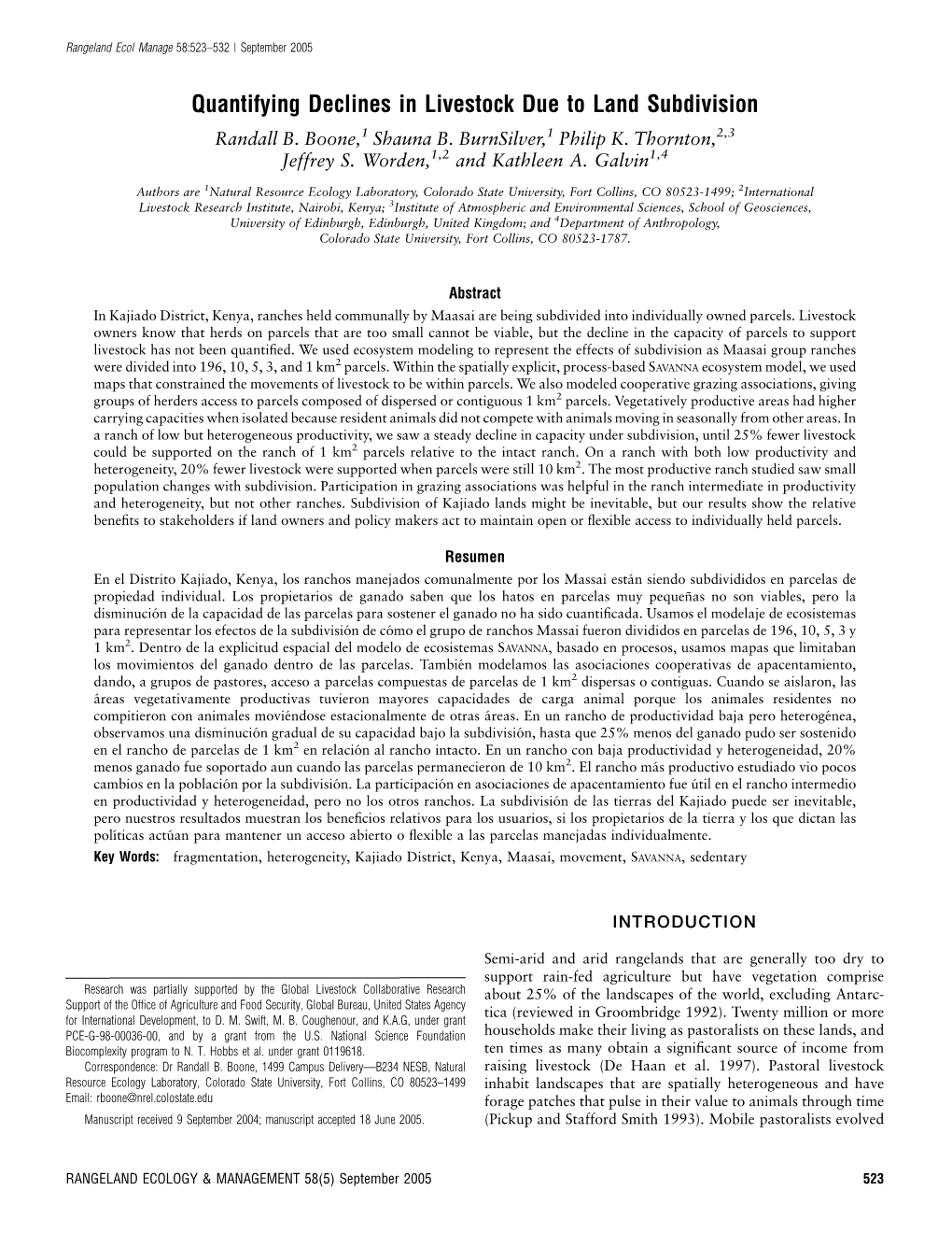 Quantifying Declines in Livestock Due to Land Subdivision Randall B