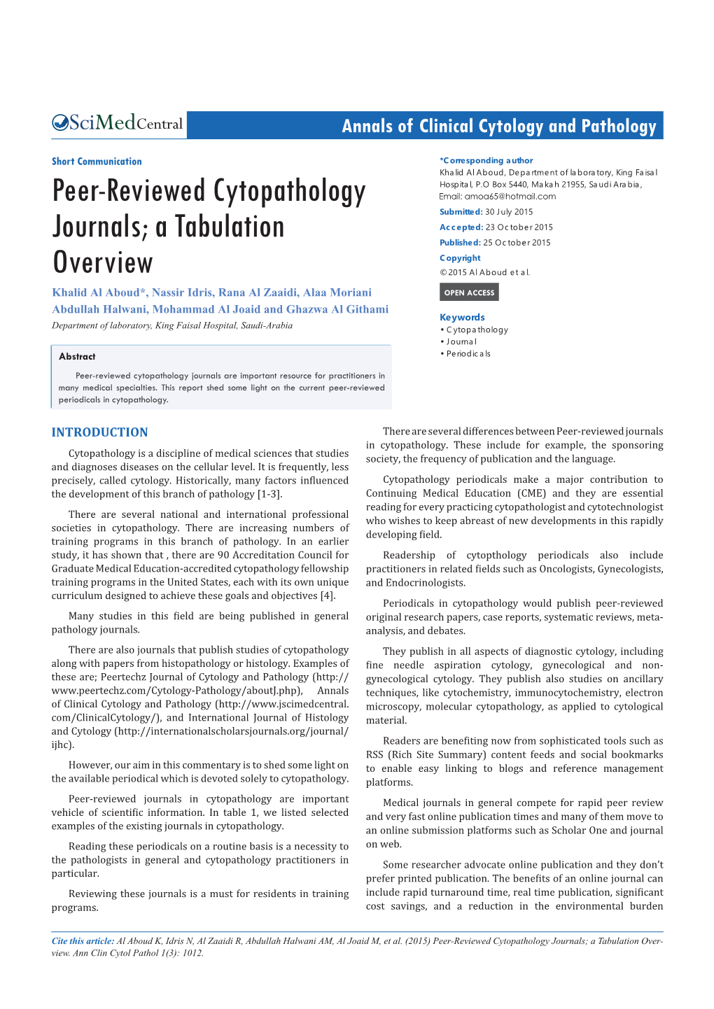 Peer-Reviewed Cytopathology Journals Are Important Resource for Practitioners in Many Medical Specialties