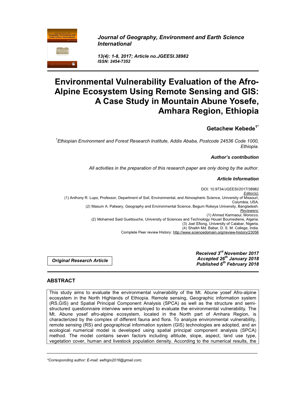 Environmental Vulnerability Evaluation of the Afro- Alpine Ecosystem Using Remote Sensing and GIS: a Case Study in Mountain Abune Yosefe, Amhara Region, Ethiopia