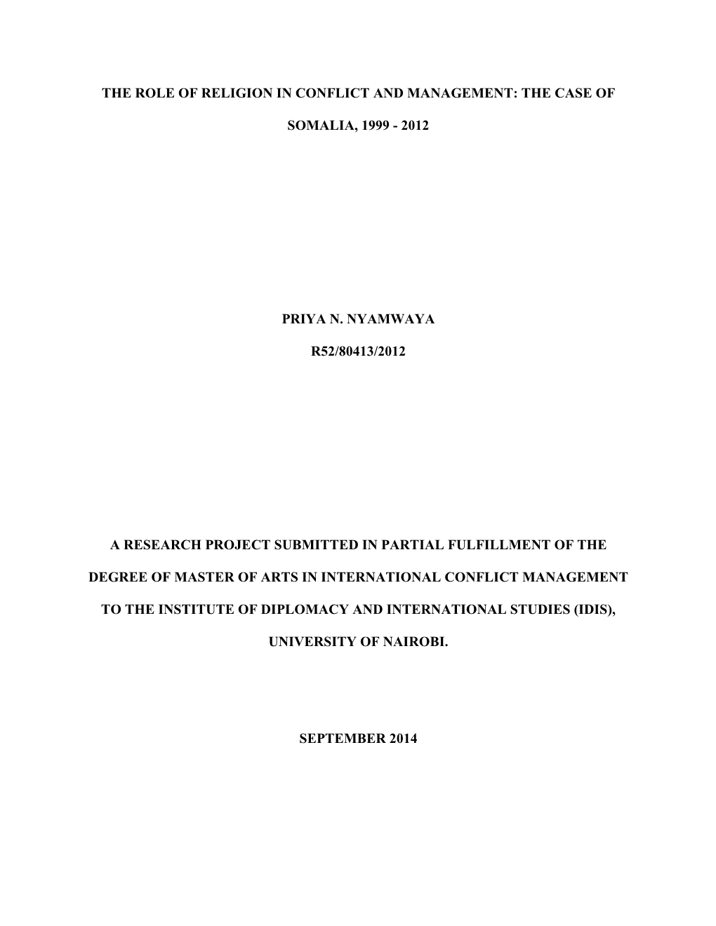 The Role of Religion in Conflict and Management: the Case of Somalia