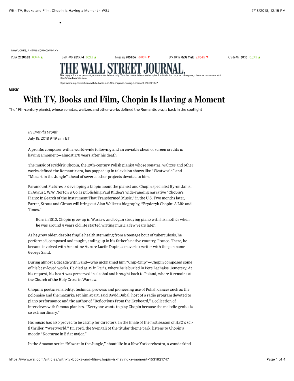 With TV, Books and Film, Chopin Is Having a Moment - WSJ 7/18/2018, 12�15 PM