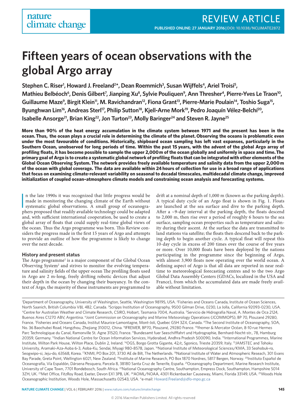 Fifteen Years of Ocean Observations with the Global Argo Array Stephen C