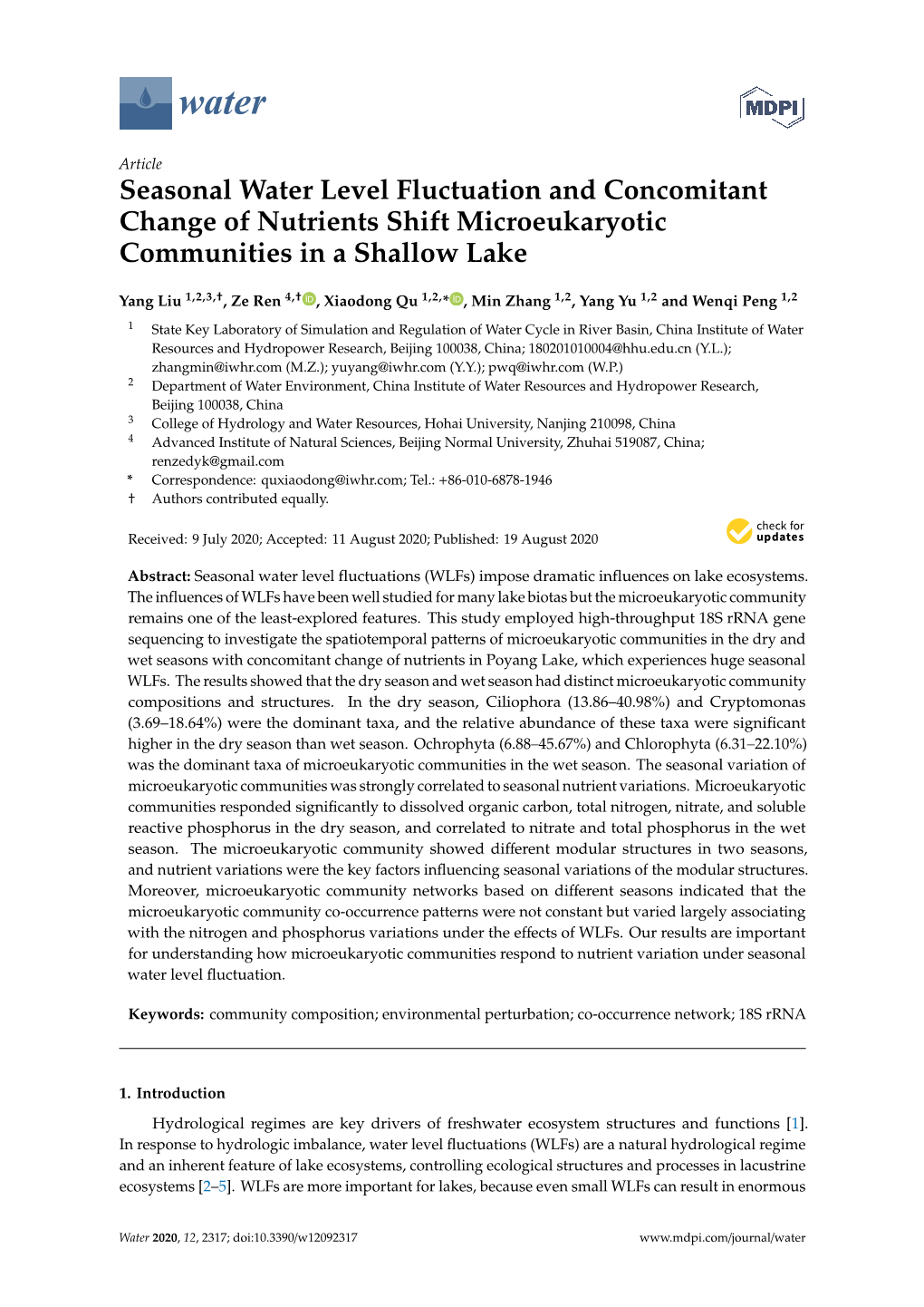 Seasonal Water Level Fluctuation and Concomitant Change of Nutrients Shift Microeukaryotic Communities in a Shallow Lake