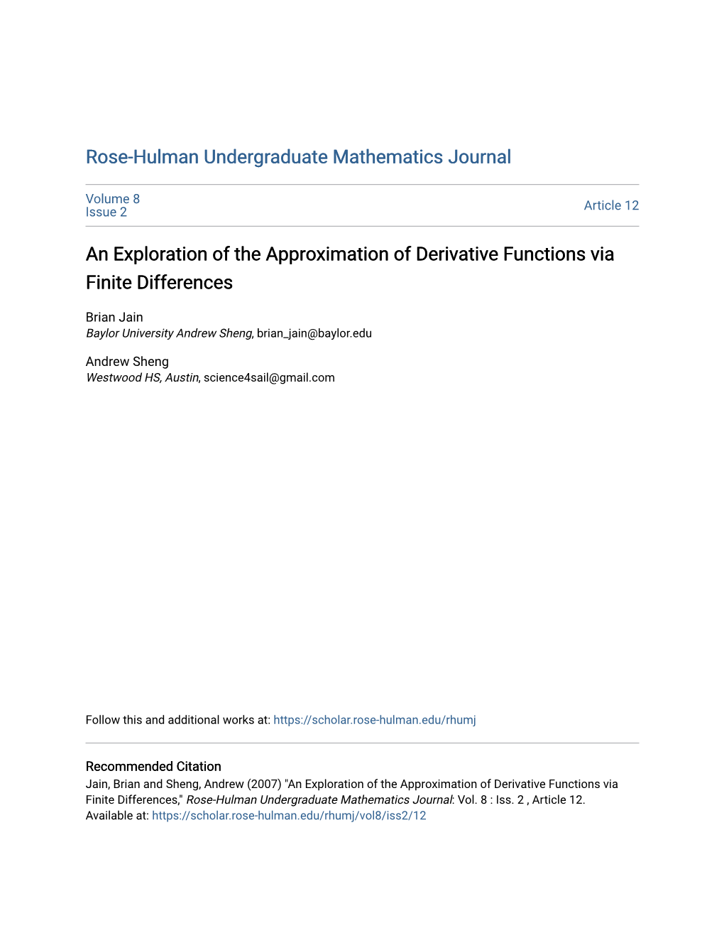 An Exploration of the Approximation of Derivative Functions Via Finite Differences