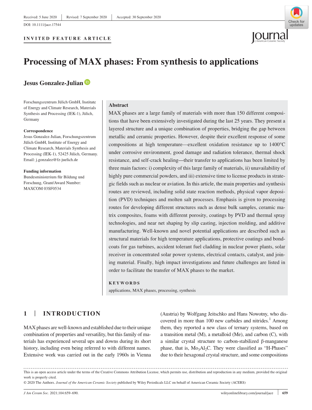 Processing of MAX Phases: from Synthesis to Applications