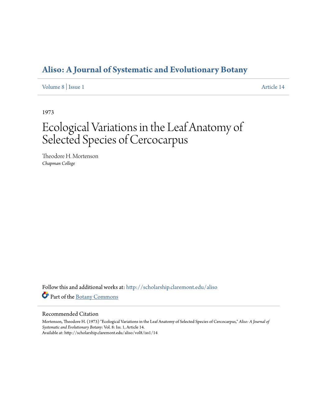 Ecological Variations in the Leaf Anatomy of Selected Species of Cercocarpus Theodore H