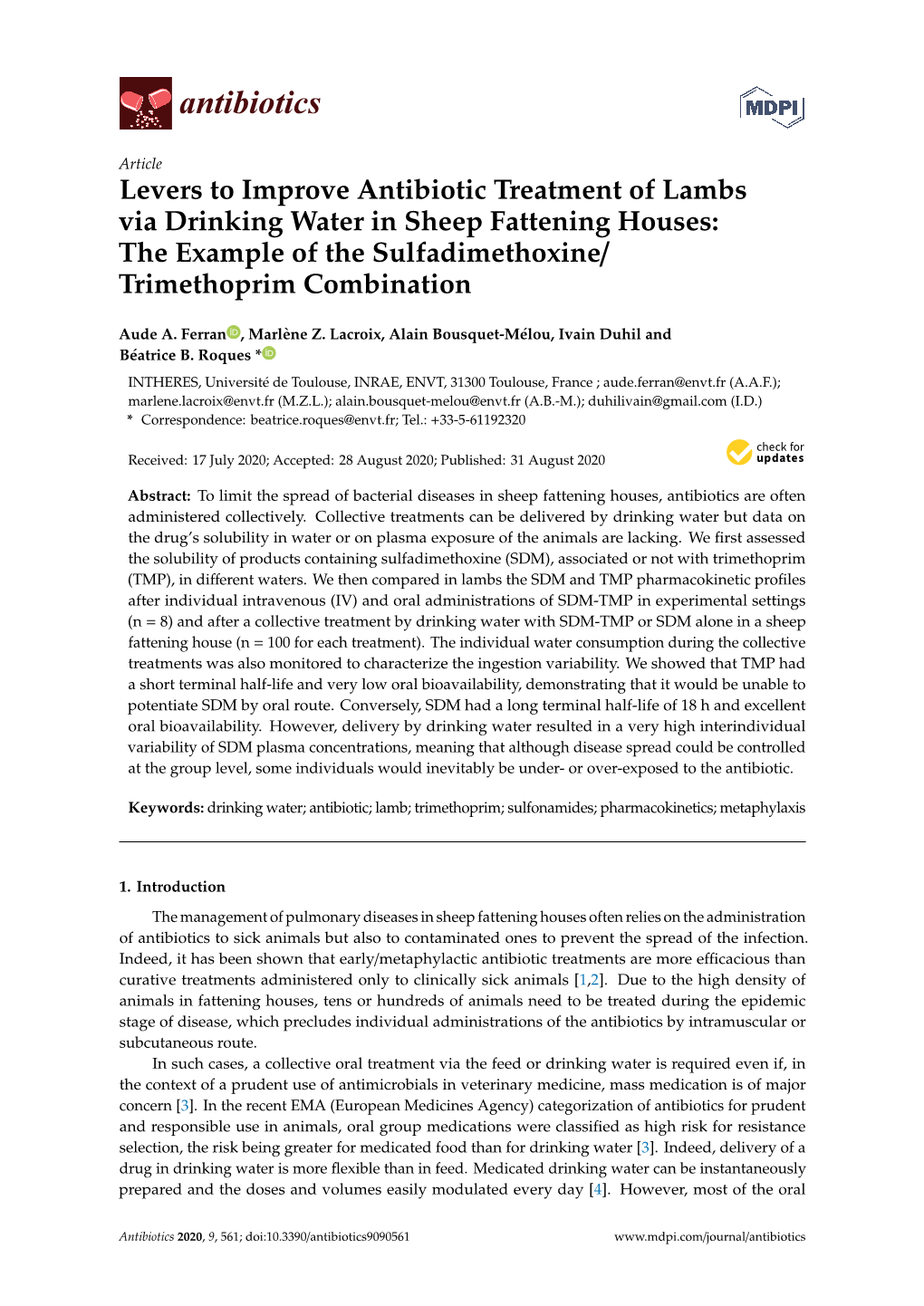 Levers to Improve Antibiotic Treatment of Lambs Via Drinking Water in Sheep Fattening Houses: the Example of the Sulfadimethoxine/ Trimethoprim Combination