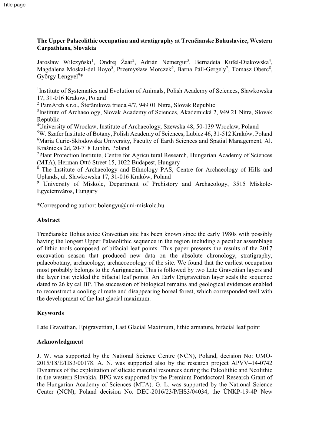 The Upper Palaeolithic Occupation and Stratigraphy at Trenčianske Bohuslavice, Western Carpathians, Slovakia