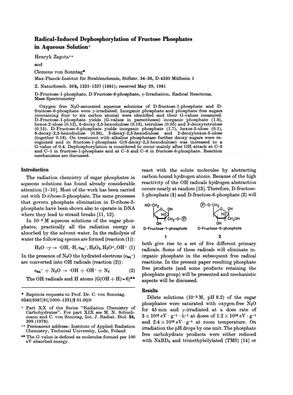 Radical-Induced Dephosphorylation of Fructose Phosphates in Aqueous Solution+