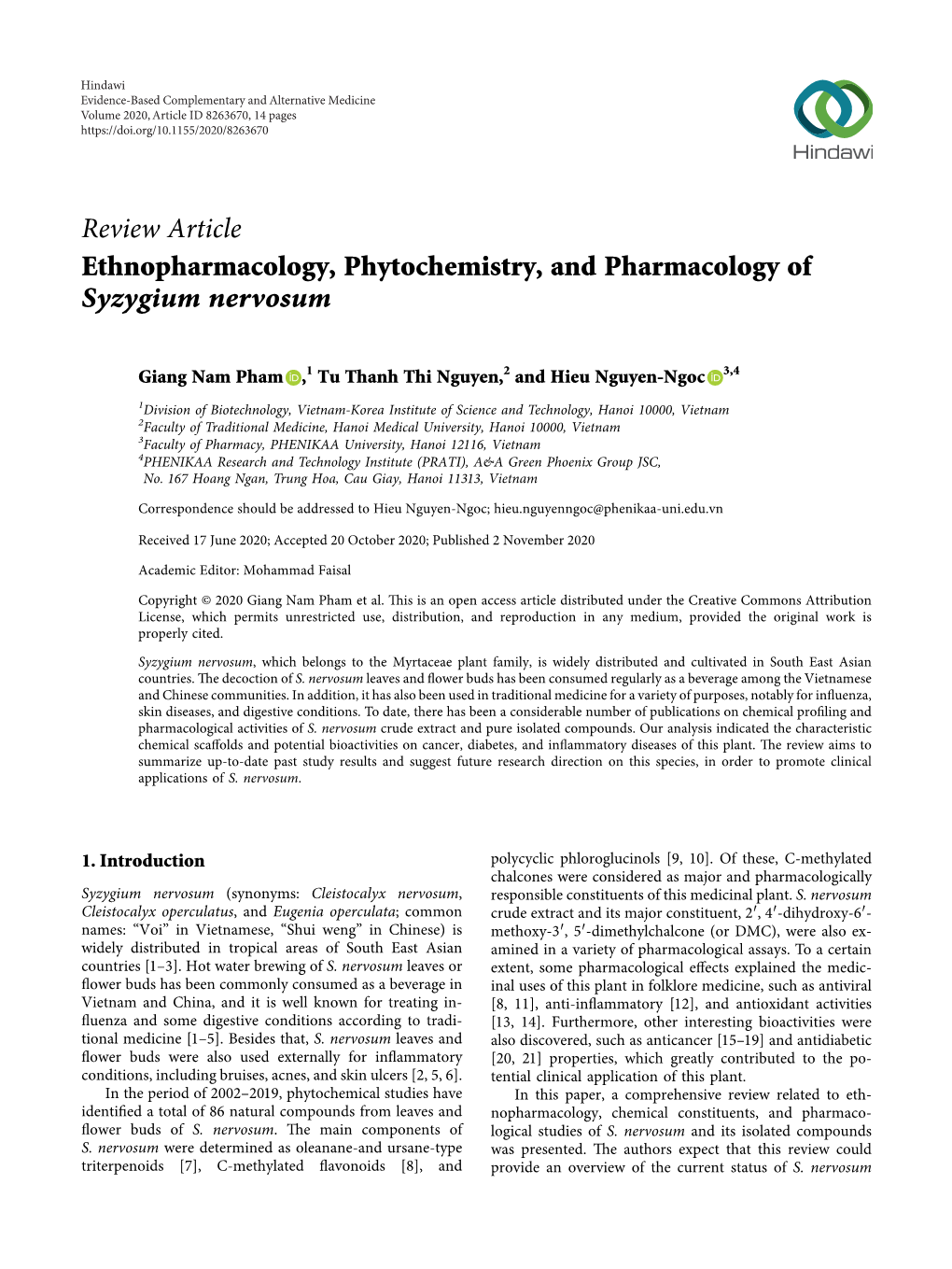 Ethnopharmacology, Phytochemistry, and Pharmacology of Syzygium Nervosum